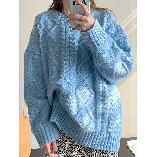 

Women's Pullover Sweater Jumper Crew Neck Cable Knit Polyester Knitted Fall Winter Regular Outdoor Daily Going out Fashion Streetwear Casual Long Sleeve Solid Color Blue Orange Khaki S M L