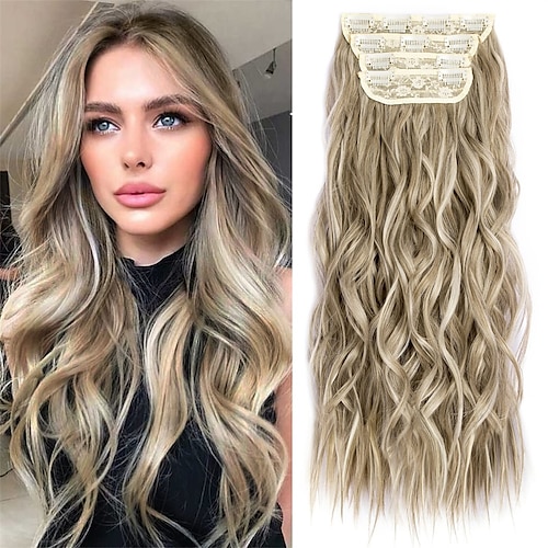 

Extensiones sintéticas Clips Pelo sintético Larga La extensión del pelo Recortar en 4 piezas Suave Resistente al Calor Mullido Mujer