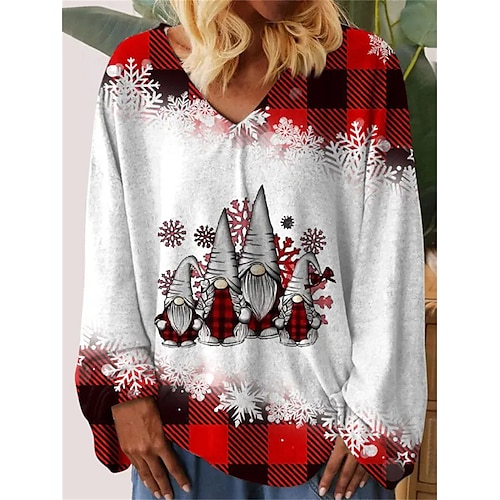 

Weihnachtsshirt Damen T Shirt Plaid Schneeflocke Helfer des Weihnachtsmanns Rote Bedruckt Langarm Party Weihnachten Wochenende Fest / Feiertage Pelzkragen V Ausschnitt Regular Fit Frühling Herbst