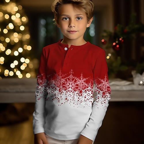 Boys 3D Snowflake Henley Shirt Long Sleeve 3D Print Fall Winter Sports Fashion Streetwear Polyester Kids 3-12 Years Crew Neck Outdoor Casual Daily Regular Fit
