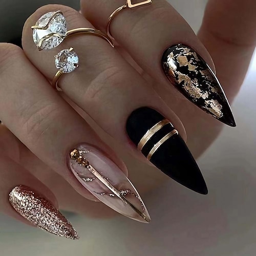 Black Press on Nails Short Medium Stiletto, Fake Nails for Women with Gold Glitter Bling Design, Acrylic Glue on Nails False Nails Press on, Stick on Nails for Wedding Birthday 24Pcs