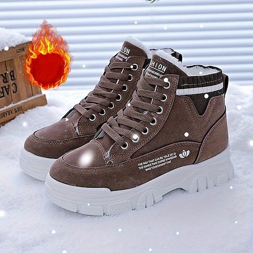 

Damen Turnschuhe Stiefel Schneestiefel Papa Schuhe Täglich Innenfutter aus Fleece Flacher Absatz Runde Zehe Brautkleider schlicht Minimalismus Rennen Wanderschuhe PU Schnürsenkel Schwarz Kaffee Grau