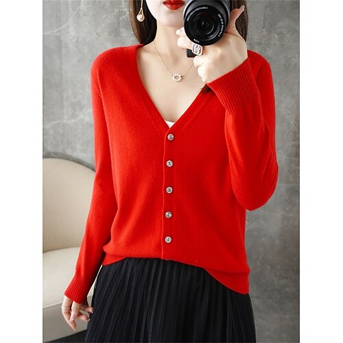 

Women's Cardigan V Neck Ribbed Knit Acrylic Button Fall Winter Regular Outdoor Daily Holiday Fashion Streetwear Daily Long Sleeve Solid Color claret bright red Rust Red S M L