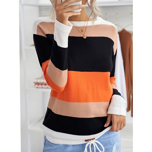 

Women's Pullover Sweater Jumper Crew Neck Ribbed Knit Acrylic Patchwork Fall Winter Regular Outdoor Daily Going out Stylish Casual Soft Long Sleeve Color Block Blue Orange Green S M L