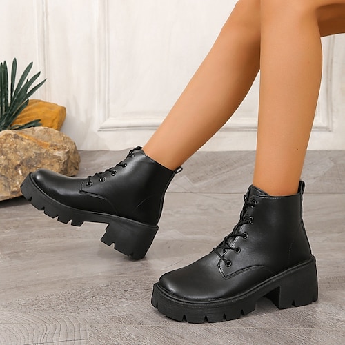 

Damen Stiefel Plateaustiefel Springerstiefel Täglich Stiefeletten Stiefeletten Flacher Absatz Minimalismus Kunstleder Schnürsenkel Feste Farbe Schwarz