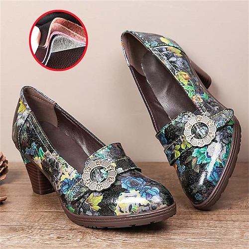 

Women's Heels Pumps Plus Size Handmade Shoes Daily Knee High Boots Winter Buckle Kitten Heel Pointed Toe Vintage Casual Comfort Leather Loafer Floral Green