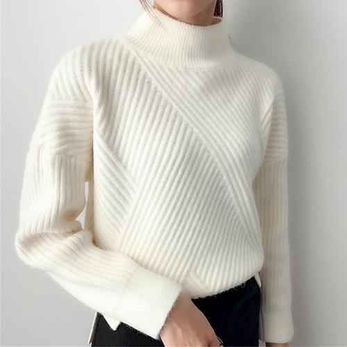 

Mujer suéter de cuello alto punto acanalado patchwork dividido color sólido jersey jersey elegante casual al aire libre diario otoño invierno negro blanco talla única