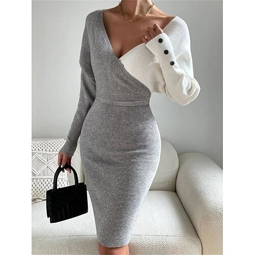 

Women's Sweater Dress V Neck Ribbed Knit Polyester Patchwork Button Fall Winter Long Outdoor Daily Going out Stylish Casual Soft Long Sleeve Color Block Black Gray S M L