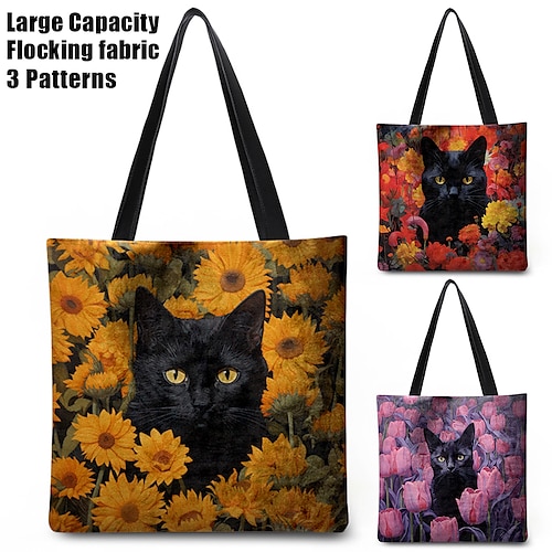 

Women's Tote Shoulder Bag Fluffy Bag Polyester Shopping Daily Holiday Print Large Capacity Lightweight Durable Cat Flower Yellow Red Purple