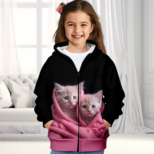 

Girls' 3D Cat Hoodie Coat Outerwear Long Sleeve 3D Print Fall Winter Active Fashion Cute Polyester Kids 3-12 Years Outdoor Casual Daily Regular Fit