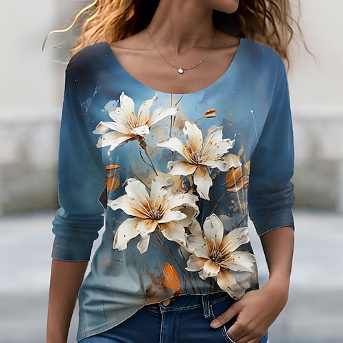 

Mulheres Camiseta Azul Floral Imprimir Manga Longa Feriado Final de semana Moda Decote Redondo Normal Tema Flores Pintura Primavera Outono