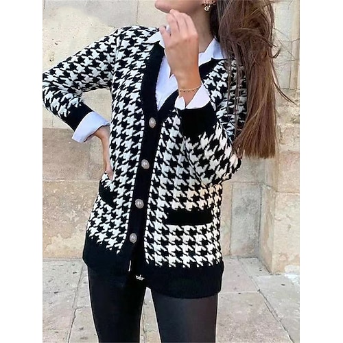 

Women's Cardigan V Neck Ribbed Knit Polyester Button Pocket Knitted Fall Winter Regular Outdoor Daily Going out Fashion Streetwear Casual Long Sleeve Houndstooth Black S M L