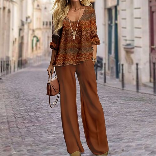 

Damen Hemd Hosen-Sets Rote Blau Braun Graphic Bedruckt Langarm Casual Modisch Rundhalsausschnitt Regular Fit Frühling Herbst