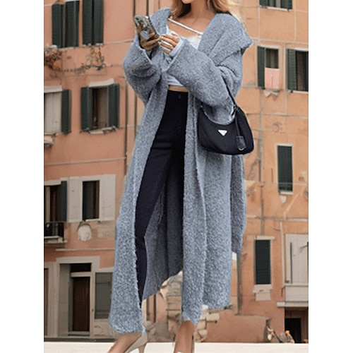 

Women's Cardigan Sweater Hooded Ribbed Knit Alpaca Wool Oversized Fall Winter Long Outdoor Daily Going out Stylish Casual Soft Long Sleeve Solid Color Gray S M L