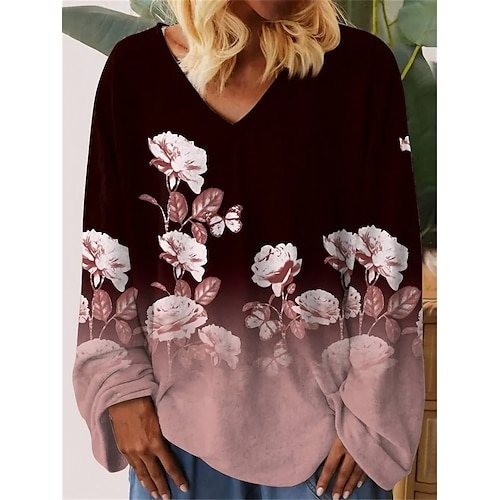 

Mulheres Camiseta Preto Branco Rosa Floral Imprimir Manga Longa Feriado Final de semana Moda Decote V Normal Tema Flores Pintura Primavera Outono