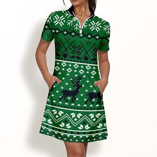 

Vestido de tenis para mujer, vestido de golf navideño, transpirable, secado rápido, absorbe la humedad, vestido de manga corta, ropa de golf, ajuste regular, cremallera, estampado, verano, tenis, golf, pickleball