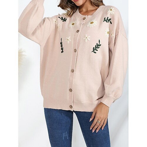 

Women's Cardigan Sweater Crew Neck Ribbed Knit Acrylic Button Embroidery Fall Winter Regular Outdoor Daily Going out Stylish Casual Soft Long Sleeve Floral Pink S M L