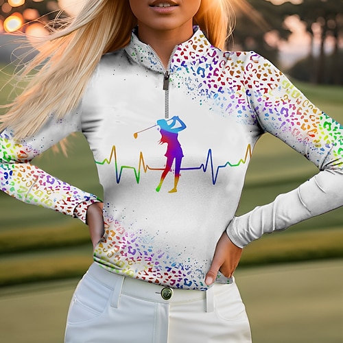 

Damen poloshirt Golfhemd Atmungsaktiv Schnelltrocknend Feuchtigkeitsableitung Langarm Golfbekleidung Golfkleidung Regular Fit Zip Stehkragen Leopard Frühling Herbst Tennis Golfspiel Pickleball