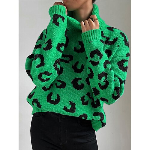 

Pull Maille Femme A côtes Tricoter Normal Patchwork Léopard Col Roulé mode Décontractées Extérieur du quotidien manche longue Automne Hiver Vert S M L