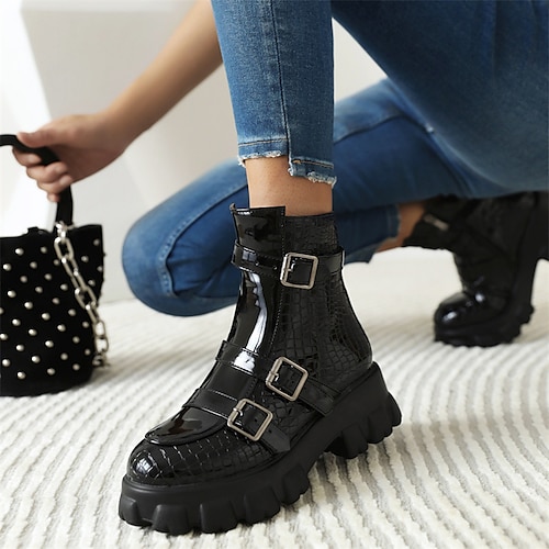 

Mulheres Botas Botas com salto Coturnos Tamanhos Grandes Diário Botas Botas Tornozelo Inverno Ziper Plataforma Salto de bloco Ponta Redonda Punk Moda Casual Couro Envernizado zíper Côr Sólida Preto