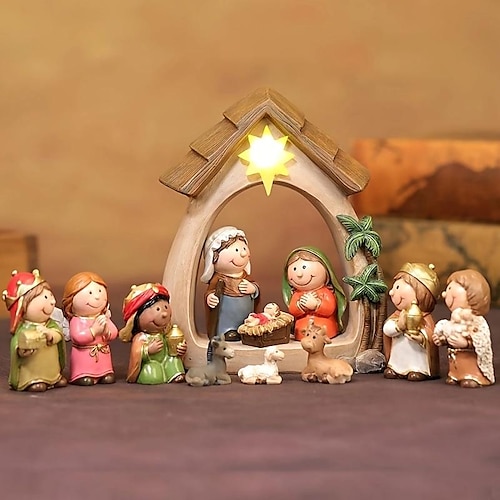 

Juego de 12 mini pesebre navideño con luz LED que incluye pesebre de resina y 11 figuras, decoración de escena de nacimiento para niños, decoraciones de mesa religiosas para niños cristianos, estante de escritorio, decoración de belén