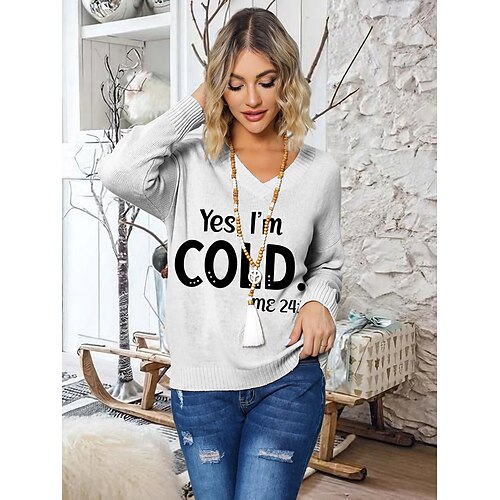 

Damen Pullover V Ausschnitt Gerippt Stricken Polyester Strick Bedruckt Herbst Winter Standard Outdoor Täglich Ausgehen Stilvoll Brautkleider schlicht Weich Langarm Buchstabe Schwarz Weiß S M L