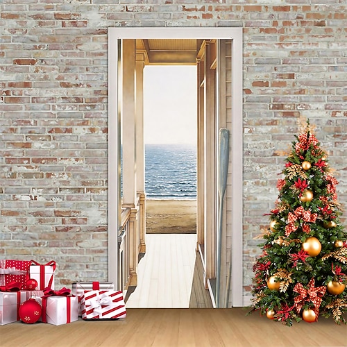 

3d extérieur paysage porte autocollant nature paysage auto-adhésif pvc chambre décor papier peint design sticker mural océan vue créatif 3d 3d porte autocollant maison personnalisée décoration mur