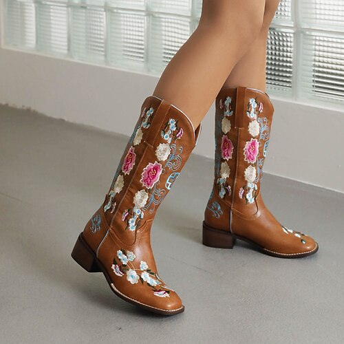 

Mulheres Botas Botas Cowboy Tamanhos Grandes Festa Ao ar livre Diário Botas da panturrilha Inverno Bordado Salto Robusto Ponta quadrada Boêmia Couro Ecológico Floral Bordado Marron