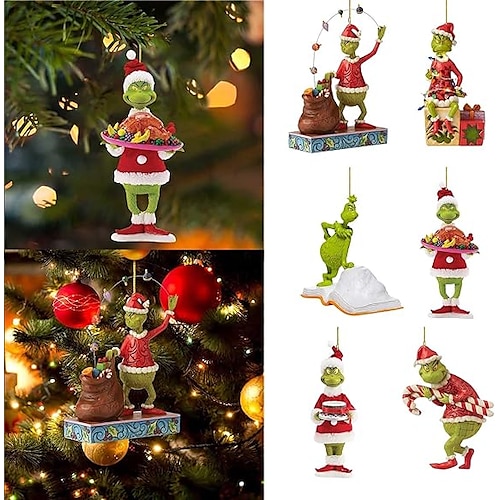 

6pcs Christmas Tree Ornaments Xmas Grinch Decoration Tree Pendant Funny 2D Acrylic Pendant Green Monster Christmas Decor for Home Holiday Party Funny Ornaments (#Mix-6Pcs)