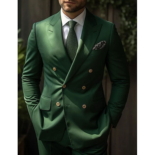 

Trajes de boda para hombre verde oscuro 2 piezas ropa navideña de color liso corte entallado doble botonadura seis botones 2023