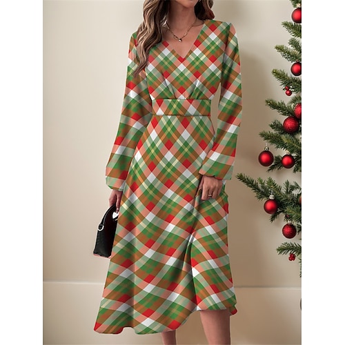 

Tenue décontractée Robe de Noël Robe Évasée Femme Plaid Imprimer Col V Mode Vêtement de rue Extérieur Noël manche longue Standard Vert Automne Hiver S M L XL XXL