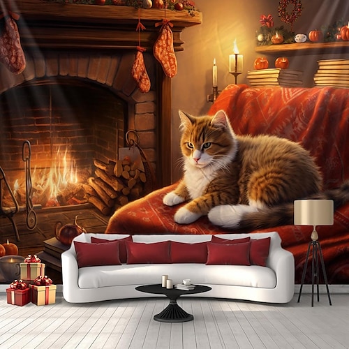 

Christmas Animal Cat Hanging Tapestry Wall Art Large Xmas Tapestry Mural Decor Photograph Backdrop Blanket Curtain Home Bedroom Living Room Decoration