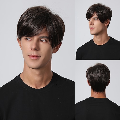 

Synthetic Wig kinky Straight Middle Part Layered Haircut Machine Made Wig 8 inch Dark Brown Synthetic Hair Men's Cosplay Party Fashion Dark Brown Christmas Party Wigs