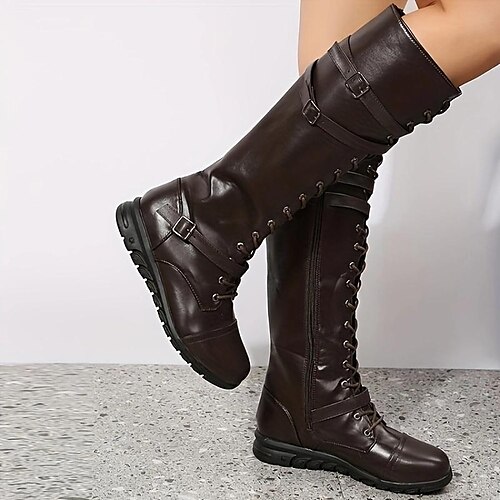 

Women's Boots Plus Size Riding Boots Outdoor Daily Knee High Boots Buckle Flat Heel Round Toe Vintage Minimalism Industrial Style PU Zipper Solid Color Dark Brown Black Brown