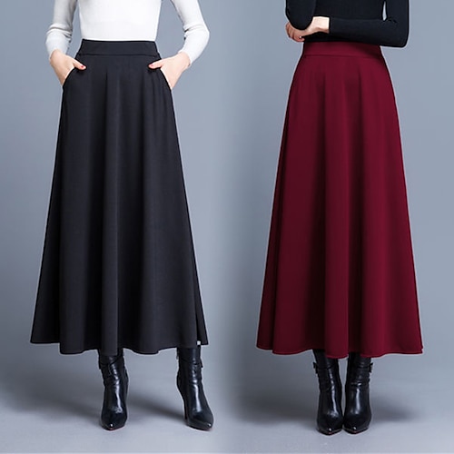 

Женская юбка трапециевидной формы, миди, винно-черная, красная юбка, осенне-зимняя карманная модная элегантная уличная повседневная юбка размера M, L, xl