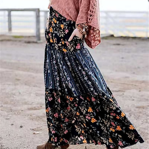 

Women's Skirt Swing Long Skirt Maxi Dark Blue Skirts Ruffle Pocket Floral Print Fashion Casual Street Daily S M L