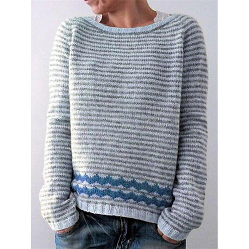 

Damen-Pullover mit Rundhalsausschnitt, Rippstrick, Acryl, gestreift, gestrickt, Herbst, Winter, normal, draußen, täglich, Ausgehen, stilvoll, lässig, weich, langärmlig, gestreift, gelb, blau,