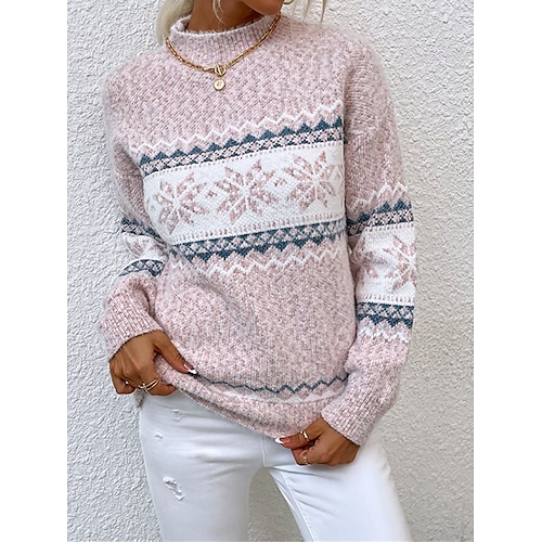 

suéter de navidad para mujer suéter de cuello alto suéter de punto acanalado jersey regular patchwork copo de nieve cuello alto elegante casual al aire libre navidad otoño invierno rosa azul s m l