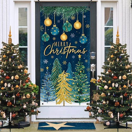 

Cubiertas de puerta de árbol de Navidad, decoración de Navidad, telón de fondo, pancarta para puerta delantera, casa de campo, suministros de decoración para fiesta navideña