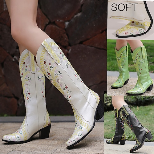 

Women's Boots Cowboy Boots Plus Size Outdoor Daily Chunky Heel Round Toe Vacation Vintage Luxurious PU Embroidered Black White Green