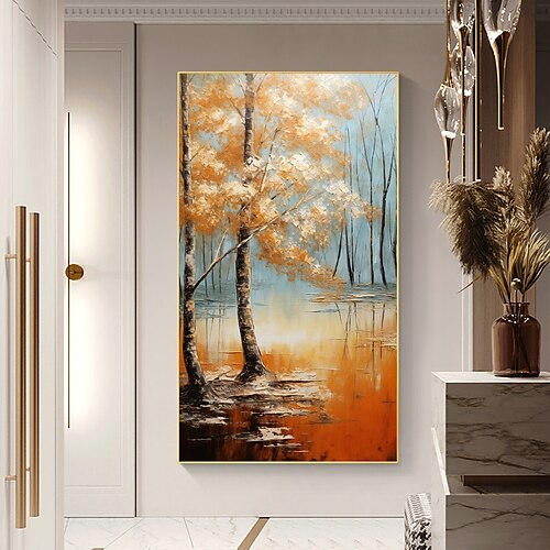 

Pintura al óleo hecha a mano lienzo arte de la pared decoración original bosque de otoño decoración del hogar con marco estirado sin pintura de marco interior