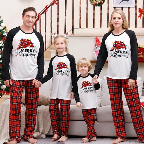 

Famille Noël Pyjamas Graphic Intérieur Imprimer Noir Rouge manche longue Tenues maman et moi Actif Tenues assorties