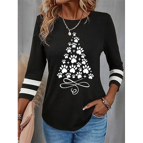 

Christmas Shirt Women's T shirt Tee Christmas Tree Black Red Blue Print Long Sleeve Christmas Weekend Festival / Holiday Round Neck Regular Fit Spring Fall