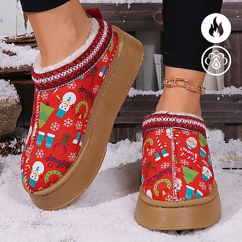 

Tênis feminino com estampa gráfica de Natal, pelúcia quente, esportes, sola grossa, sapatos de algodão, mules