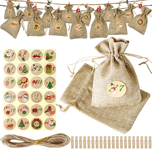 

24 Stück Geschenktüten für Weihnachten, Weihnachts-Adventskalender-Geschenktüten, 24-Tage-Countdown-Kalender-Hängetüten, 2023 Weihnachts-Kraftpapier-DIY-Tasche mit Seil Etikett, Clip, Aufkleber