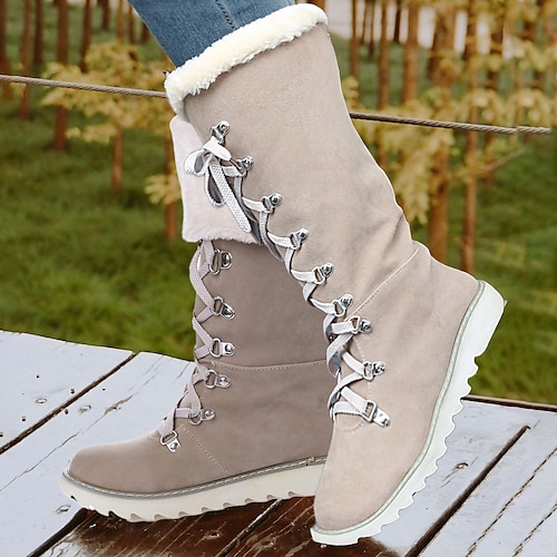 

Femme Bottes Bottes de neige Bottes de Combat Grandes Tailles du quotidien Doublé en Polaire Bottes mi-mollet Talon Bottier Bout rond Mode Polyuréthane Lacet Couleur unie Vert Beige