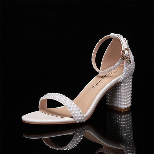 

Damen Hochzeit Schuhe Sandalen Abendschuhe Fersen mit Knöchelriemen Weiße Schuhe Hochzeit Party Hochzeitssandalen Brautschuhe Brautjungfernschuhe Sommer Imitationsperle Schnalle Blockabsatz Runde Zehe