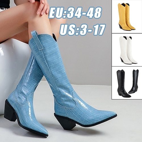 

Women's Boots Cowboy Boots Plus Size Riding Boots Outdoor Daily Knee High Boots Chunky Heel Pointed Toe Vintage Casual Minimalism PU Loafer Black White Blue