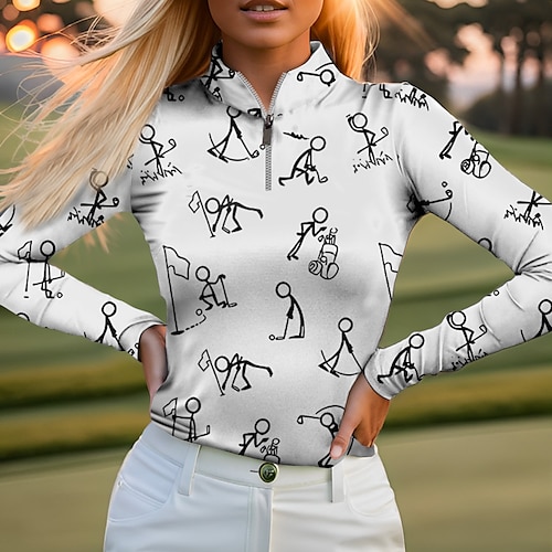 

Damen poloshirt Golfhemd Atmungsaktiv Schnelltrocknend Feuchtigkeitsableitung Langarm Golfbekleidung Golfkleidung Regular Fit Zip Stehkragen Bedruckt Frühling Herbst Tennis Golfspiel Pickleball