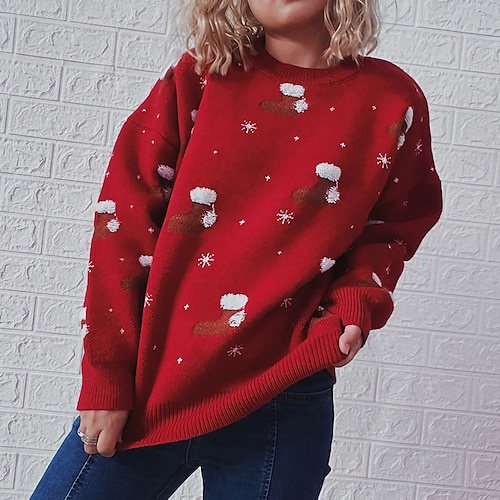 

Women's Pullover Sweater Jumper Christmas Sweaters Crew Neck Chunky Knit Polyester Embroidery Knitted Spring Fall Winter Regular School Christmas Daily Fashion Daily Vintage Style Long Sleeve